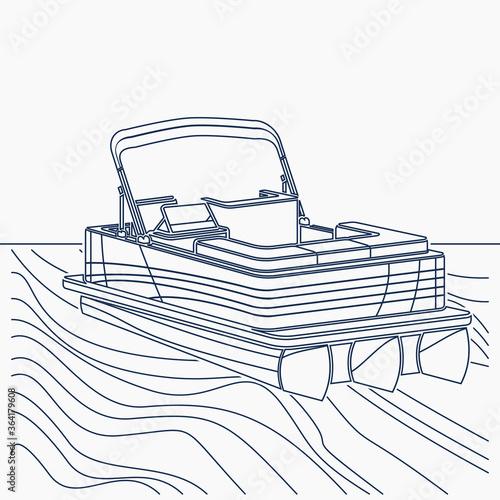 Editable Empty  Semi Top Three-Quarter Oblique Front View American Pontoon Boat on a Wavy Lake Vector Illustration in Outline Style for Transportation or Recreation Related Design