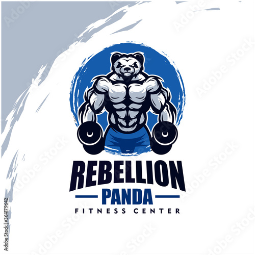 Panda with strong body, fitness club or gym logo. Design element for company logo, label, emblem, apparel or other merchandise. Scalable and editable Vector illustration