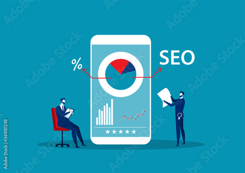 Man record and report with  magnifier . Concept of SEO or search engine optimization, online marketing strategy.  vector illustration.
