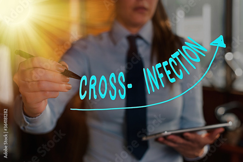 Text sign showing Cross Infection. Business photo showcasing diseasecausing microorganism transmitted between different species digital arrowhead curve rising upward denoting growth development photo