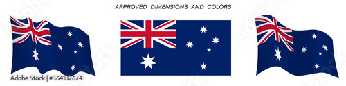 Flag of Australia in static position and in motion, developing in the wind in exact colors and sizes, on a white background