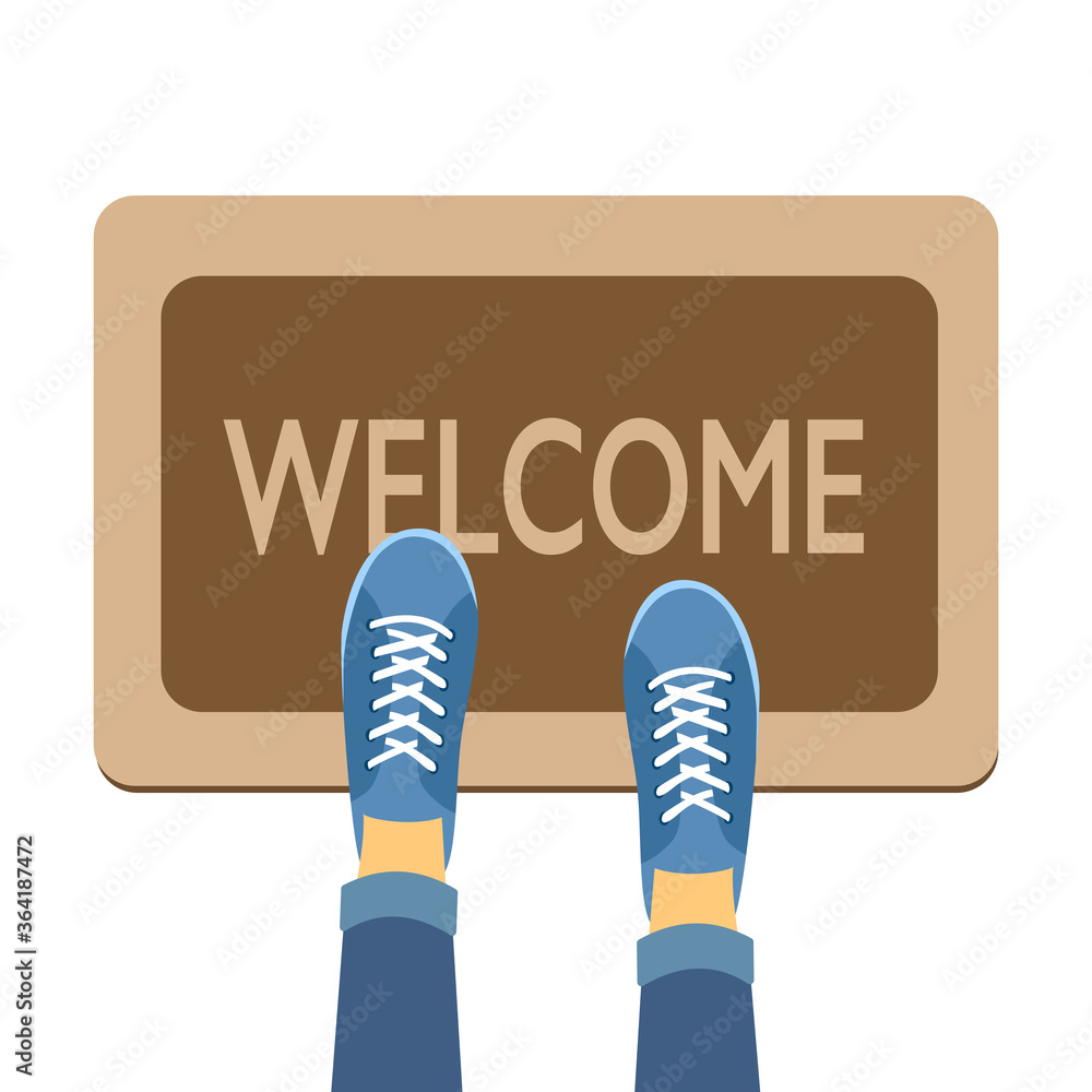 Welcome doormat with blue shoes in flat design concept vector illustration on white background. Welcome doormat with blue shoes in flat design concept vector illustration on white background.
