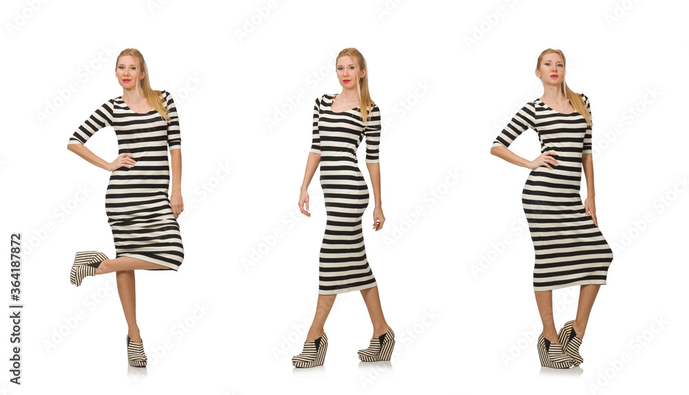 Young woman in long striped dress isolated on white Young woman in long striped dress isolated on white