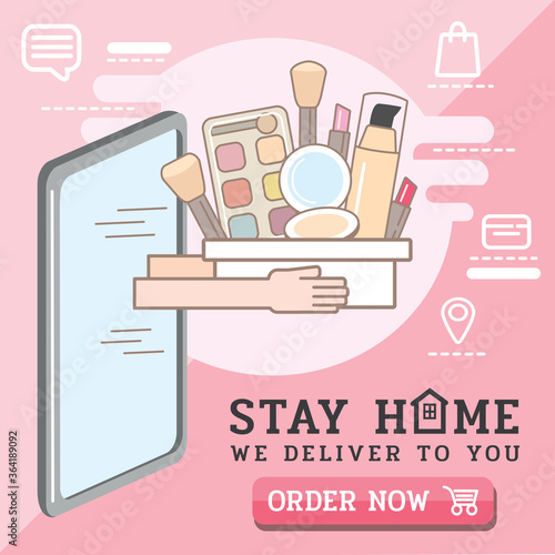 Cosmetics online shop order. Online store delivery.Shopping Online on Website or Mobile Application. Vector Concept Marketing and Digital marketing.New Normal lifestyle.Stay home, we deliver.