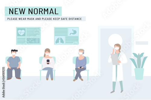 New normal lifestyle with social distancing.People wearing mask keep distance when sitting in queue, waiting for doctors.Hospital or clinic reception waiting room .Protection pandemic covid-19 corona 