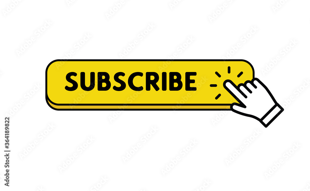 Subscribe button with hand click icon. Finger pointer clicking web site call to action. Clic vector. Subscribe button with hand click icon. Finger pointer clicking web site call to action. Clic vector.
