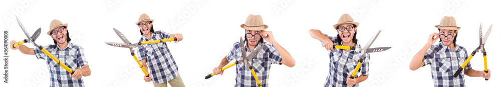 Funny guy with garden shears on white Funny guy with garden shears on white