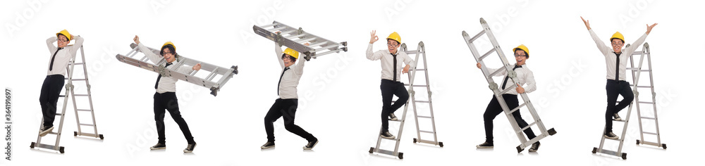 Construction worker in funny concept on white Construction worker in funny concept on white