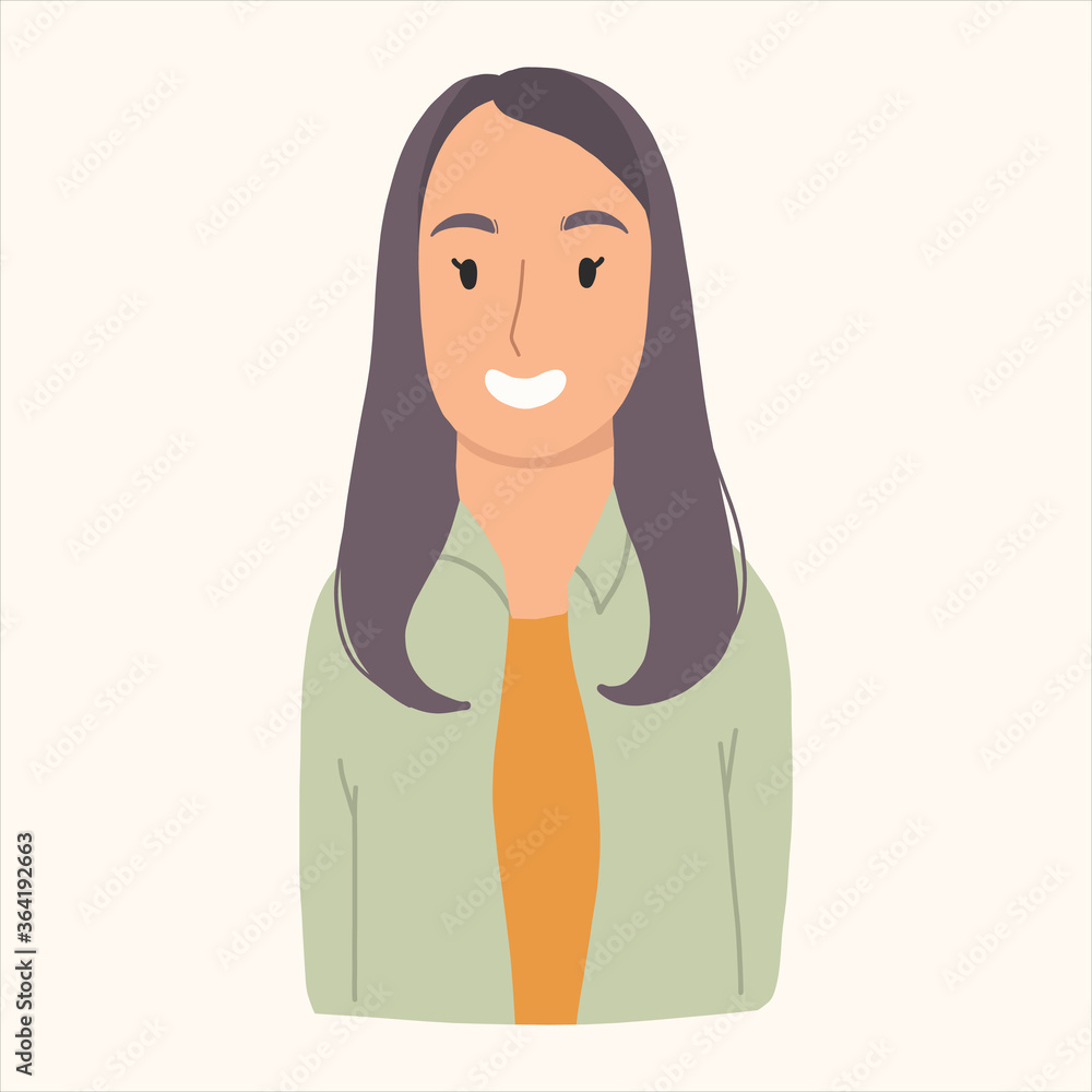 Young girl vector cartoon character with black hair. Hand drawn portrait illustation. Young girl vector cartoon character with black hair. Hand drawn portrait illustation.