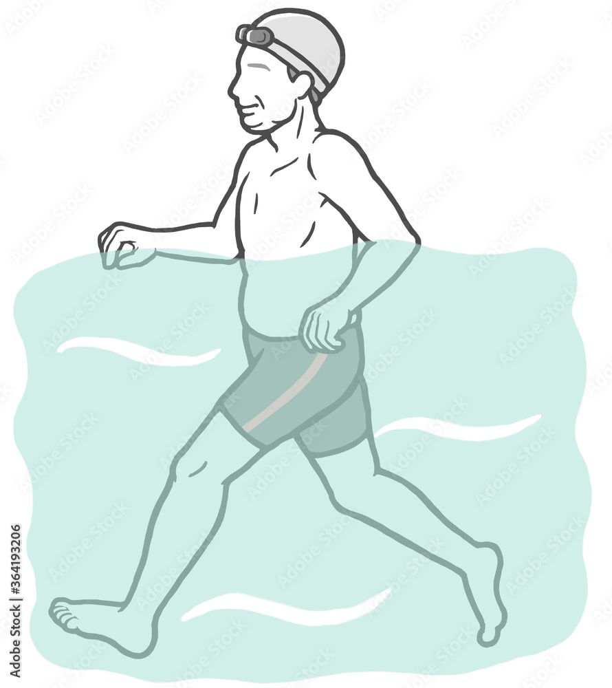 ジムのプールで水中ウォーキングする中年男性