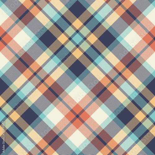Tartan plaid pattern colorful vector. Multicolored blue, orange, turquoise, yellow, white herringbone check plaid for blanket, duvet cover, throw, rug, tablecloth, or other fabric design.