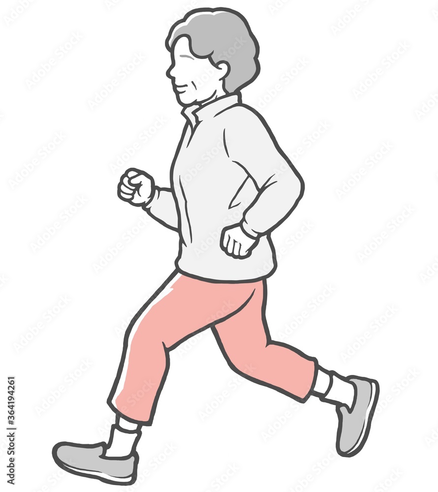 パーカーを着てジョギングする横向きの中年女性
