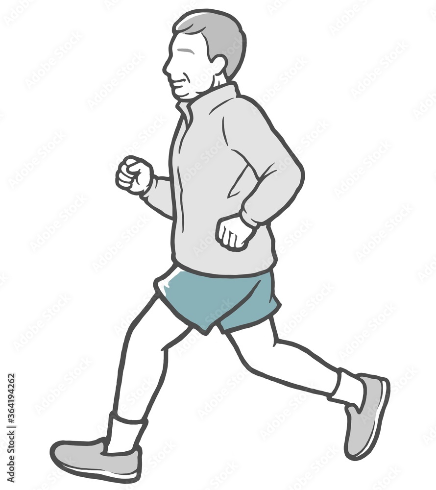 パーカーを着てジョギングする横向きの中年男性