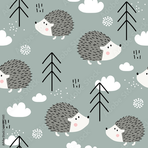 Happy hedgehogs, fir trees, hand drawn backdrop. Colorful seamless pattern with animals, forest. Decorative cute wallpaper, good for printing. Overlapping colored background vector. Illustration