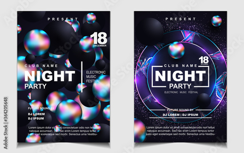 Night dance party music poster flyer layout design template background with neon light and dynamic style. Colorful electro style vector for concert disco, club party, event invitation, cover festival