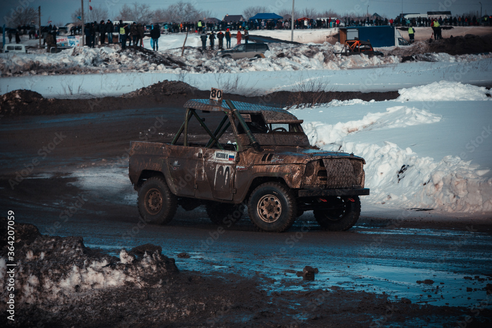 Dirty race cars ride off-road at competitions Dirty race cars ride off-road at competitions