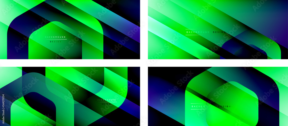 Set of hexagon geometric shapes and fluid gradients with 3d shadow and light straight lines, minimal abstract backgrounds Set of hexagon geometric shapes and fluid gradients with 3d shadow and light straight lines, minimal abstract backgrounds