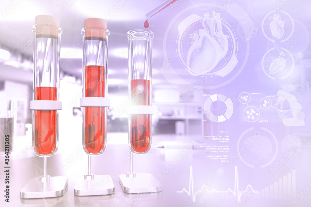 test tubes in pharmaceutical office - blood dna test for creatinine or  phosphorus, medical 3D illustration with creative gradient overlay  Illustration Stock | Adobe Stock