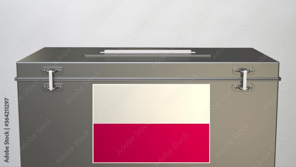 Flag of Poland on ballot box and hand putting paper ballot Flag of Poland on ballot box and hand putting paper ballot