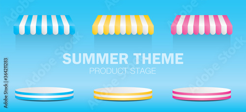 Summer theme product stand with awning 3D illustration vector.