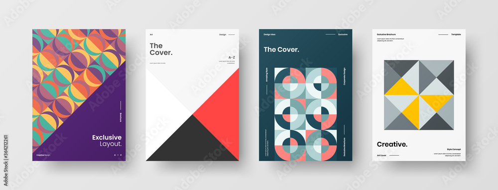 Company identity brochure template collection. Business presentation vector A4 vertical orientation front page mock up set. Corporate report cover abstract geometric illustration design layout bundle.