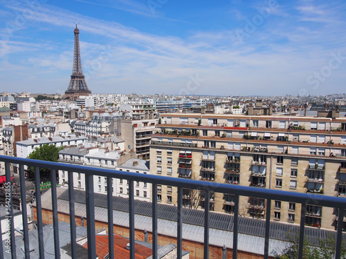 
View of the Eiffel Tower from the veranda of Paris on a clear day.