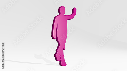 MAN WAVING HAND from a perspective with the shadow. A thick sculpture made of metallic materials of 3D rendering. illustration and flag