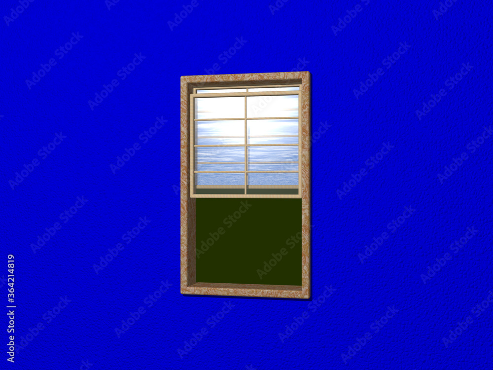 Sash window made of stone and wood on BLUE wall opened to outside grass and blue sky with light reflection. 3D illustration. background and abstract Sash window made of stone and wood on BLUE wall opened to outside grass and blue sky with light reflection. 3D illustration. background and abstract