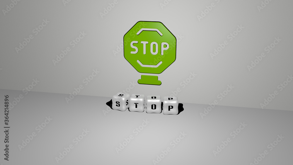 3D representation of stop with icon on the wall and text arranged by metallic cubic letters on a mirror floor for concept meaning and slideshow presentation. illustration and sign 3D representation of stop with icon on the wall and text arranged by metallic cubic letters on a mirror floor for concept meaning and slideshow presentation. illustration and sign