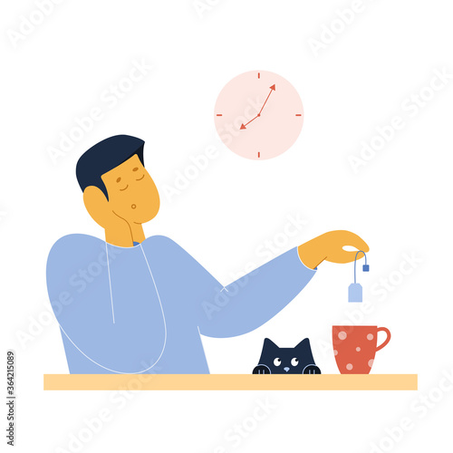 Sleepy man drinking tea in the morning with cat. Get up early and have breakfast before work. Being lazy and tired at home at day off. Take a break and snooze. Flat vector illustration for web.