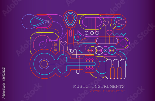 Neon colors on a gradient violet background Music Instrument Line Art Silhouettes vector illustration. Outline images of guitar, saxophone, piano keyboard, trumpet, trombone, microphone and gramophone