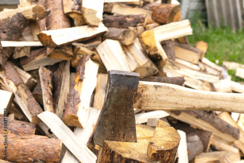 The wood chopper sticks out in wooden hemp. Ax and ax handle. Man's , male hands in white colors gloves holding an axe.