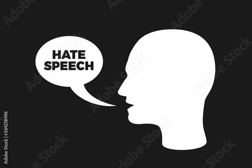 Hate speech - islhouette of man is doing offensive and violent talk and speaking. Verbal attack, assault and insult. Vector illustration of white comic speech bubble on plain black background.