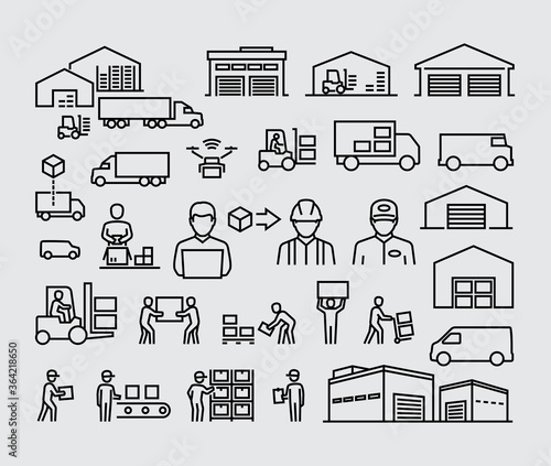 Warehouse logistics buildings, delivery cargo trucks, forklifts and workers vector line icons set