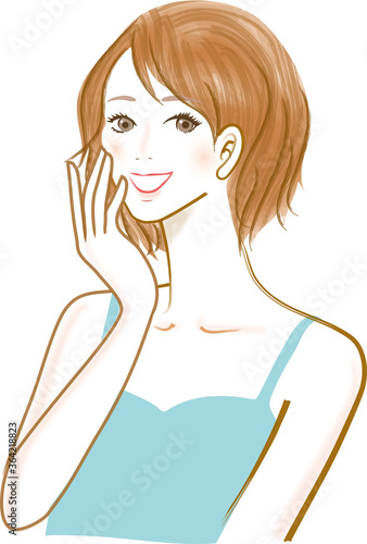 肌の調子が良くスキンケアしながら喜ぶ若い女性