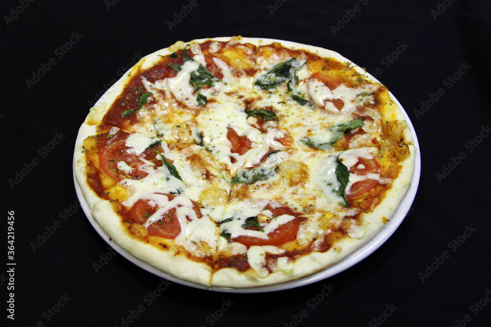 Исходные имена: Vegetarian pizza with tomatoes, cheese and basil leaves on the white plate, close-up