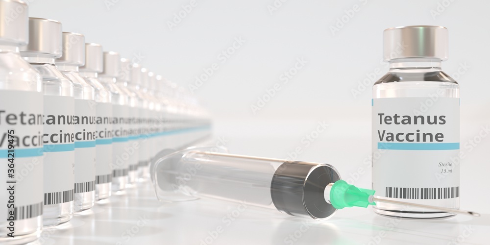 Medical bottles with tetanus vaccine and syringe, 3D rendering