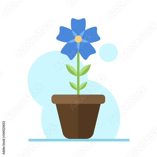 Blue flower in pot flat illustration. Color vector icon. Blue flower with green leaves in brown pot vector illustration. Floral business concept