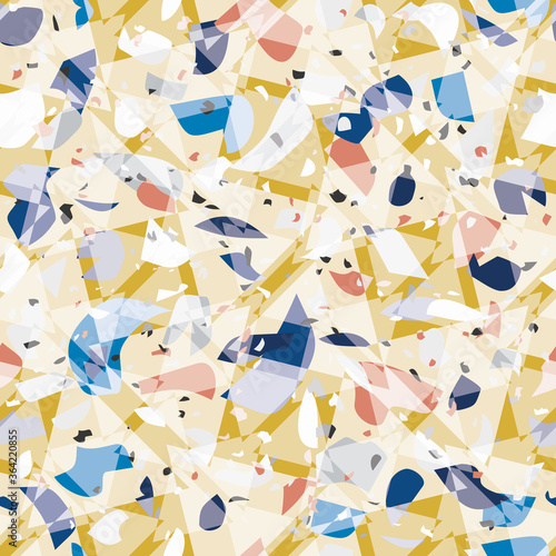 Terrazzo seamless vector pattern. Chunks of other patterns put together in vibrant colors. Hand crafted and unique design of overlapping elements. For wallpapers, stationary and interiors.