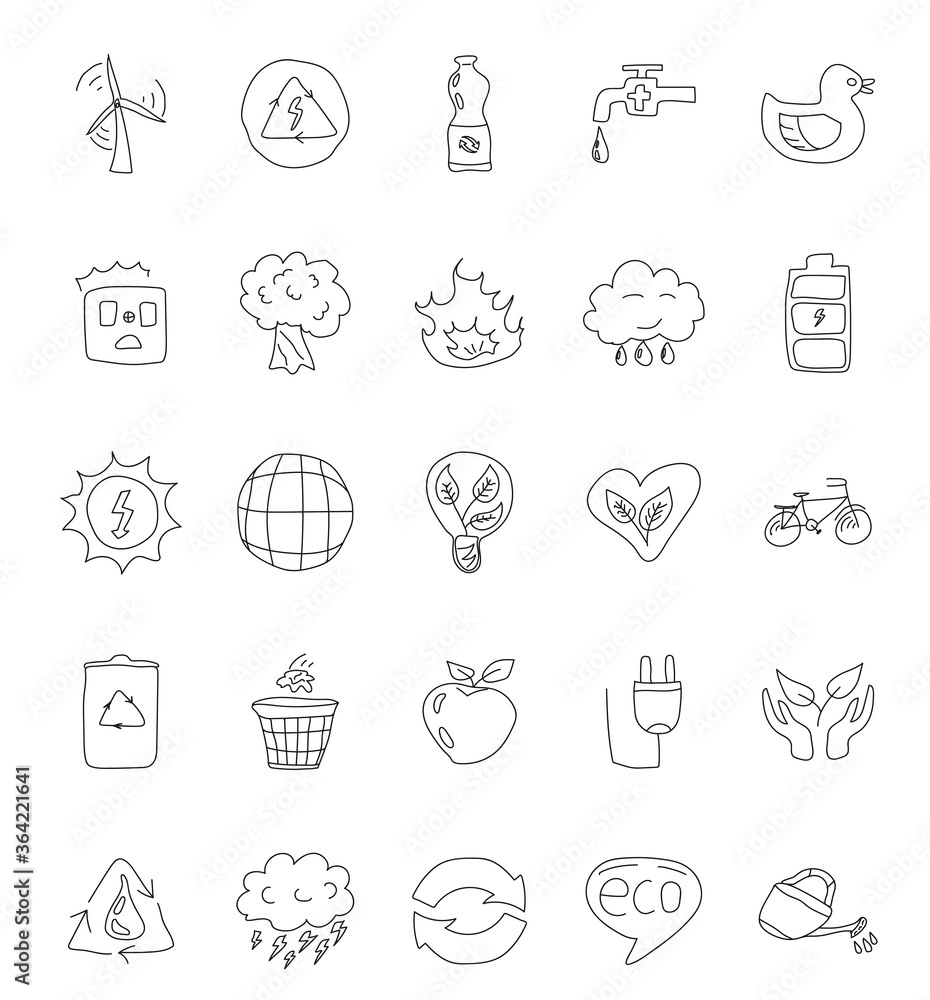eco hand drawn linear vector icons isolated on white background. ecology doodles for web and ui design, mobile apps and print products