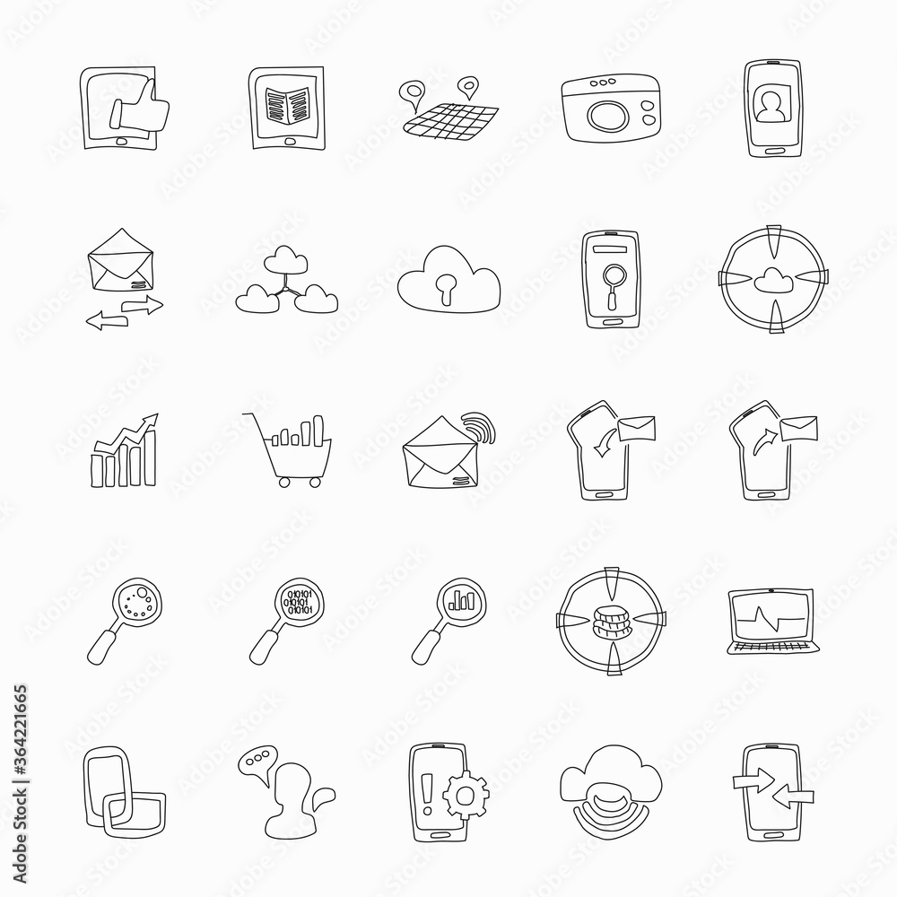 network hand drawn linear vector icons isolated on white background. seo and network icon set for web and ui design, mobile apps and print products