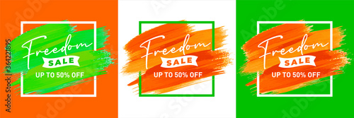 3 color variations Freedom Sale Up to 50% off Logo Design Concept, Banner Template, Icon, Poster, Unit, Label, Web Header with tricolor brush strokes and square frame - Vector, illustration