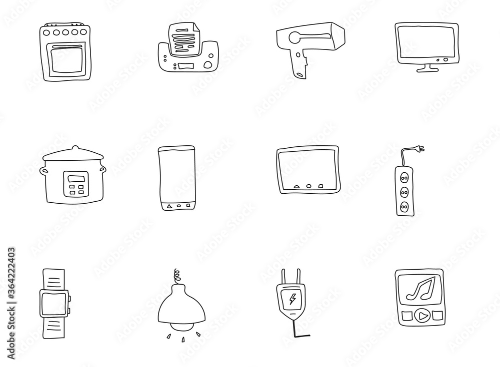 electronics hand drawn doodles isolated on white background. home appliances doodle icons for web and ui design, mobile apps and print products electronics hand drawn doodles isolated on white background. home appliances doodle icons for web and ui design, mobile apps and print products