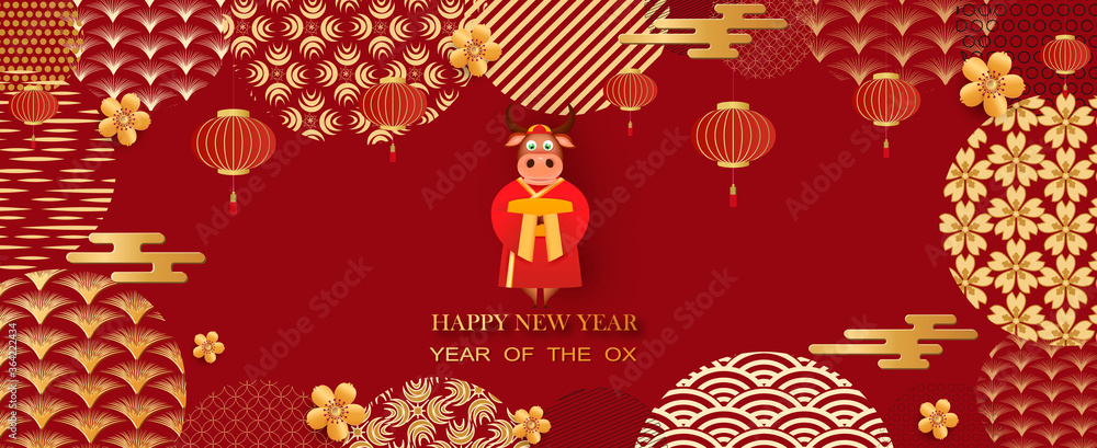 Chinese New Year 2021 year of the bull. Bull, flowers and Asian elements .Vector