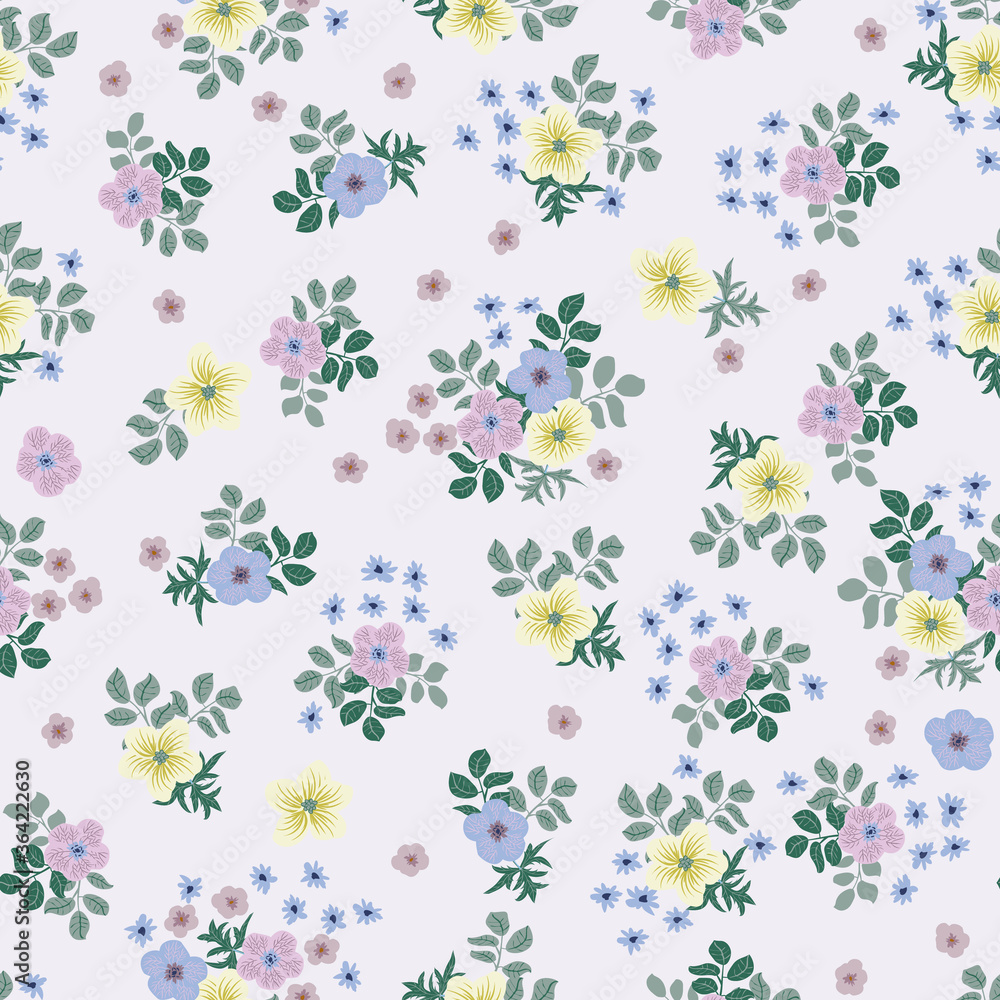 Naklejka Tracery pattern in mini delicious flowers of buttercup. Trendy liberty style. Floral seamless background for textile or book covers, manufacturing, wallpapers, print, gift wrap and scrapbooking