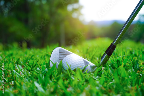 Golf ball and golf club in the beautiful golf course in Thailand. Collection of golf equipment resting on green grass with green background.