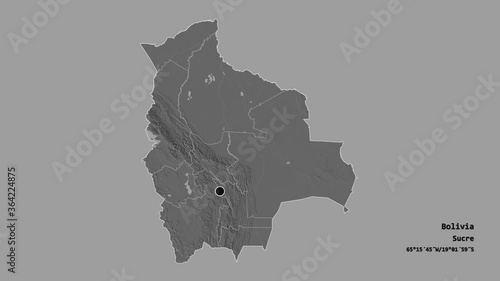 Chuquisaca, department of Bolivia, with its capital, localized, outlined and zoomed with informative overlays on a bilevel map in the Stereographic projection. Animation 3D photo