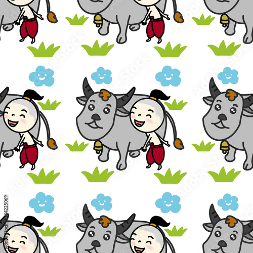 Asian Thai boy with buffalo cartoon seamless pattern background. illustrators drawing. 