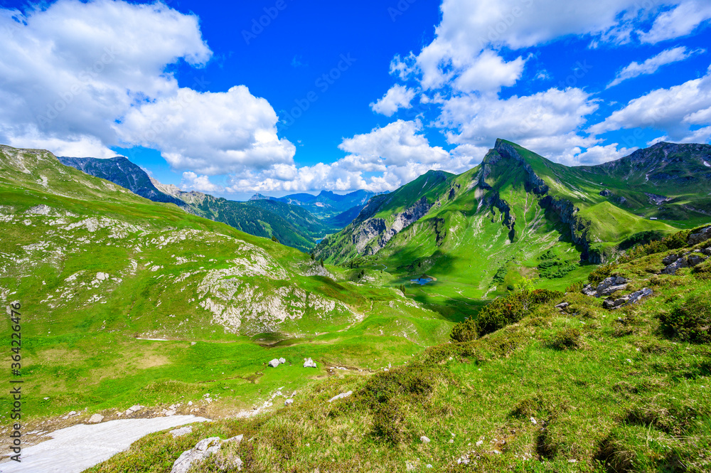 Fototapeta premium Alplsee and Rote Spitze Mountain at Tannheimer Tal with the Vilsalpsee in the background, beautiful mountain scenery in Alps at Tannheim, Reutte, Tirol - Austria