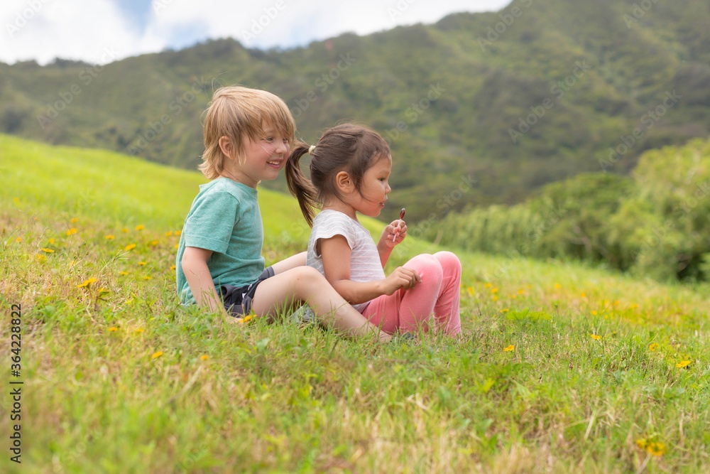 Two happy kids sitting on a large grassy hill on a hike